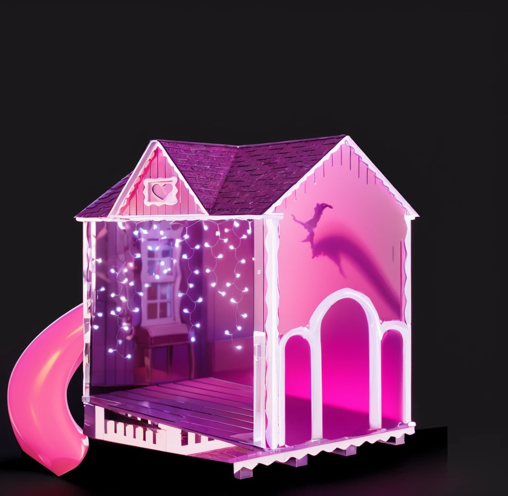 a pink and white fairy tale cottage with a pink snake and a heart on the roof, and a small stage in the back. 3d style, simplified design, 3d render, glossy texture, smooth 3d model, multiple light sources, rim light, sharp post effects render, (glossy plastic texture with multiple big light probe refractions), perfect cgi, smooth silhouette, high intensity refraction, (super glossy material), most beautiful vfx , blue background, plastic refractions, realistic, 4k, high resolution, rim light, photo shoot, commercial photo, profile shot, 4k, rim light, high resolution, 4k, glossy texture, smooth 3d model, multiple light sources, rim light, sharp post effects render, (glossy metallic texture with multiple big light probe refractions), perfect cgi, cgi art created only with gradients, smooth silhouette, high intensity refraction, (super glossy chrome material), most beautiful vfx, blue background, chrome metal refractions, multiple light sources, rim light, sharp post effects render, perfect cgi, digital art, detailed digital art, reflective, best quality, 4k, masterpiece:1.2, ultra-detailed, realistic, vivid colors, dark and moody lighting, The image of the highest quality, ensuring every detail is showcased perfectly. It in 4k resolution, allowing viewers to immerse themselves in the richness of the colors and intricate details. The realistic rendering. under the spotlight, reflecting, high-resolution image, realistic rendering, dark background, and rim light photorealistic The image features three characters standing in front of three houses. The characters are a red-haired mermaid, a purple cat, and an orange dog. They are each holding a yellow maraca