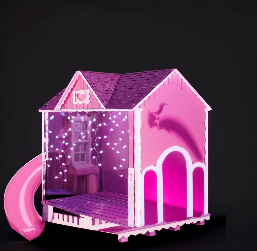 a pink and white fairy tale cottage with a pink snake and a heart on the roof, and a small stage in the back. 3d style, simplified design, 3d render, glossy texture, smooth 3d model, multiple light sources, rim light, sharp post effects render, (glossy plastic texture with multiple big light probe refractions), perfect cgi, smooth silhouette, high intensity refraction, (super glossy material), most beautiful vfx , blue background, plastic refractions, realistic, 4k, high resolution, rim light, photo shoot, commercial photo, profile shot, 4k, rim light, high resolution, 4k, glossy texture, smooth 3d model, multiple light sources, rim light, sharp post effects render, (glossy metallic texture with multiple big light probe refractions), perfect cgi, cgi art created only with gradients, smooth silhouette, high intensity refraction, (super glossy chrome material), most beautiful vfx, blue background, chrome metal refractions, multiple light sources, rim light, sharp post effects render, perfect cgi, digital art, detailed digital art, reflective, best quality, 4k, masterpiece:1.2, ultra-detailed, realistic, vivid colors, dark and moody lighting, The image of the highest quality, ensuring every detail is showcased perfectly. It in 4k resolution, allowing viewers to immerse themselves in the richness of the colors and intricate details. The realistic rendering. under the spotlight, reflecting, high-resolution image, realistic rendering, dark background, and rim light photorealistic The image features three characters standing in front of three houses. The characters are a red-haired mermaid, a purple cat, and an orange dog. They are each holding a yellow maraca