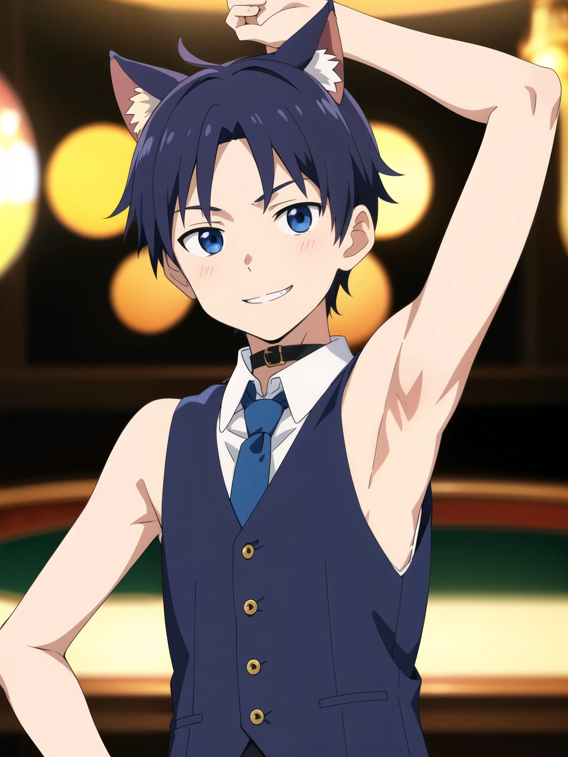 Highres, Masterpiece, Best quality at best,Best Quality,hight quality, hight detailed, Anime style, 1boy, Boy, , Shota, cat ear, Solo person, Sleeveless vest, Tie, Choker, casino, Waiter, night day, Slim body, smile, upper body, blurry background, Seen from the front, The armpits of a 12 year old boy, Adorable little armpits, (Showing armpit:1.3), (very young boy), (very small and short body), Age 12,Uhd, bokeh