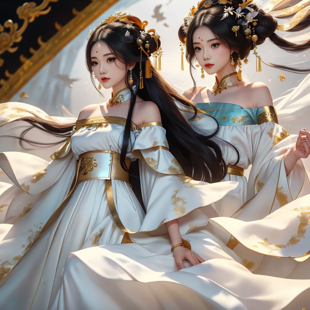 Girl in traditional Chinese clothing, Hanfu, Guzhen Hanfu women, White Hanfu,(long straight black hair:1.5), black eyes, black bun hairstyle, hair accessories ,white diamond earrings, Bangle Diameter, Dia Necklace, Clear eyes, Facing forward,put on makeup, Long eyelashes ,(gold long shoulder coat:1.5), (Very long skirt, white:1.5), ((Whole body)), ((from below)), Clear face, , (Very beautiful face, Beautiful mouth, beautiful eyes), detailed face, ((Ultra-fine skin)), In the dark, deep shadows, an ancient Chinese girl (Very slim figure 1.3) ,Plump breasts, elegant posture ,(palace in the sky:1.5),