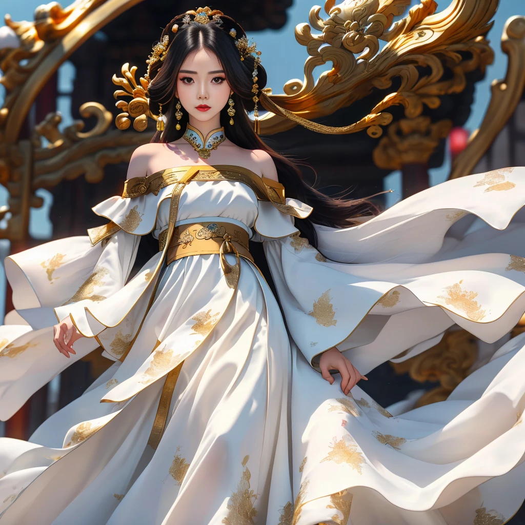 Girl in traditional Chinese clothing, Hanfu, Guzhen Hanfu women, White Hanfu,(long straight black hair:1.5), black eyes, black bun hairstyle, hair accessories ,white diamond earrings, Bangle Diameter, Dia Necklace, Clear eyes, Facing forward,put on makeup, Long eyelashes ,(gold long shoulder coat:1.5), (Very long skirt, white:1.5), ((Whole body)), ((from below)), Clear face, , (Very beautiful face, Beautiful mouth, beautiful eyes), detailed face, ((Ultra-fine skin)), In the dark, deep shadows, an ancient Chinese girl (Very slim figure 1.3) ,Plump breasts, elegant posture ,(palace in the sky:1.5),