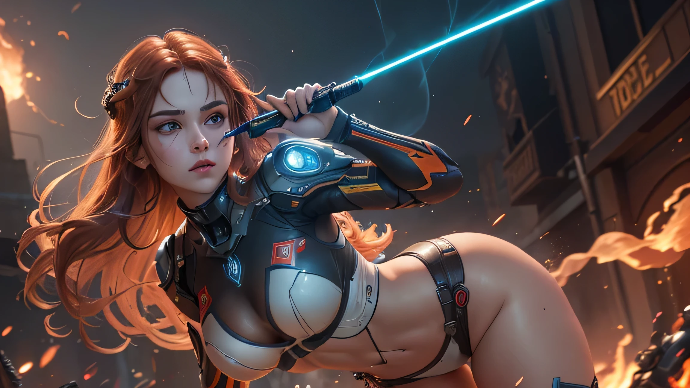 1girl, solo, masterpiece, best quality, 8k, detailed skin texture, detailed polished metal textures, light reflections off of metal surfaces, highly-detailed eyes, extremely detailed face, intricately detailed auburn hair, ultra-detailed mecha exoskeleton, beautifully detailed body, insanely detailed background, bold colors, A stunningly beautiful, extremely fit girl, with a long braided ponytail, wearing full body mecha body armor is (holding a Katana sword in one hand):1.5. and (a pistol in the other hand):1.5, (((bright red and orange tracers are coming out of the end of the Sig-Sauer pistol))):1.5 (((along with fire and smoke from the bullets exiting the guns at high velocity))). (She has large bright blue eyes):1.4, (a button nose, perfectly shaped lips):1.2, a flawless face):1.33 and (the body of a fitness model):1.25, (maximum detail):1.4.  (She has a lean waist, an extremely toned midriff, slender thighs, slim calves, and flawless large breasts):1.42, (there are laser bolts and explosions all around her):1.4, and the scene is very (chaotic:1.3), (((detailed line work and delicate, flowing brushstrokes))), giving the art a dreamlike and ethereal quality, the art style is heavily influenced by modern Mecha Anime Films, Concept Art, Surrealism and Art Nouveau with intricate patterns and decorative details):1.2, (motifs from nature such as wolves, lightning, and dragons):1.3. (featuring vivid shades of red, blue, green, and purple, also using silver and gold metallic accents):1.4 (cinematic movie still, masterpiece, best quality, absurd resolution, 8k, Monte Carlo Ray Tracing:1.2, path traced subsurface scattering):1.4, (((HDR, UHD, volumetric lighting, Unreal Engine 5, Unity Engine, Blender, octane render))), (exquisite subject composition and use of lighting:1.4, exceptional, award-winning shading:1.4, sharp focus:1.35, top angle, full body shot, photorealistic, natural beauty):1.4