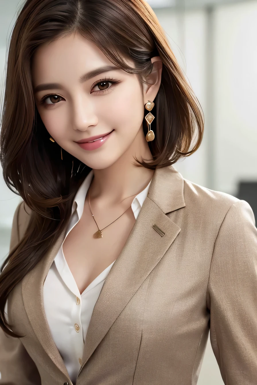 Intricate details, 、ear piercing、Looking into the camera、、smile、Beautiful teeth alignment、Brown Hair、Wavy Hair、Short Haircut、 Clear beauty, (High quality fabric, Office Lady Suits） 、Jacket、Unbuttoned shirt、Necklace around the neck、Dark eyeliner、 The background is the office