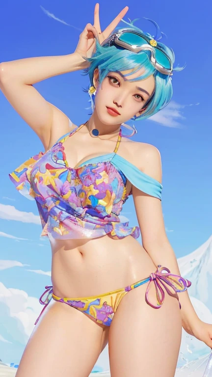 cartoon  a woman in a bikini with a goggles, beautiful androgynous prince, delicate androgynous prince, top rated on pixiv, from one piece, detailed fanart, official fanart, bulma from dragon ball, commission for high res, rem rezero, highly detailed exquisite fanart, by theCHAMBA, handsome prince, pixiv contest winner