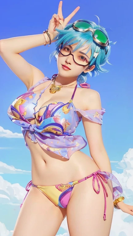 cartoon a woman in a bikini with a goggles, beautiful androgynous prince, delicate androgynous prince, top rated on pixiv, from one piece, detailed fanart, official fanart, bulma from dragon ball, commission for high res, rem rezero, highly detailed exquisite fanart, by theCHAMBA, handsome prince, pixiv contest winner