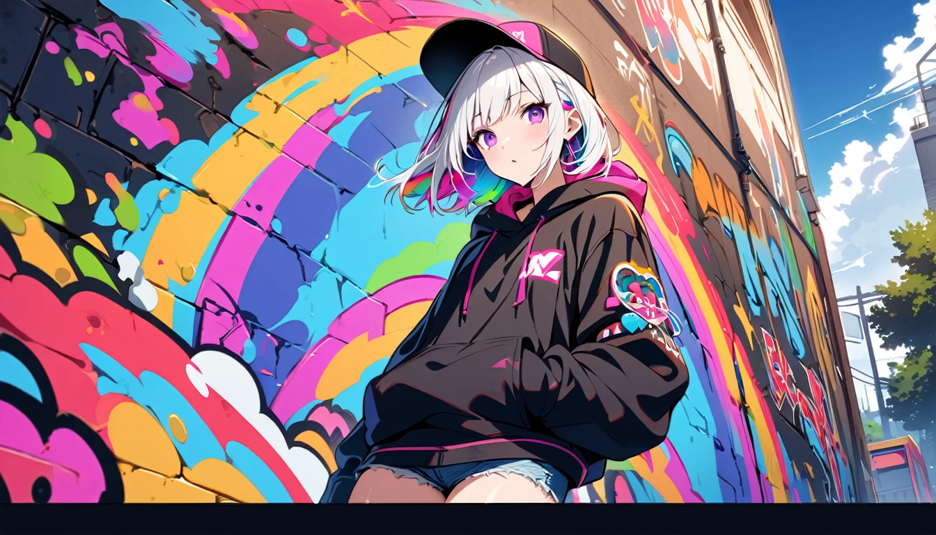 HD 8K Handsome cute, Solitary, 1 female, Medium Length Hair, white hair, Rainbow hair, purple Eyes, Rainbow headphone, hoodie, colored hoodie, Trucker Hat, hip-hop style hooded jacket, denim shorts, Human focus, outdoor, White clouds, graffiti Popularity spray art wall panoramic,