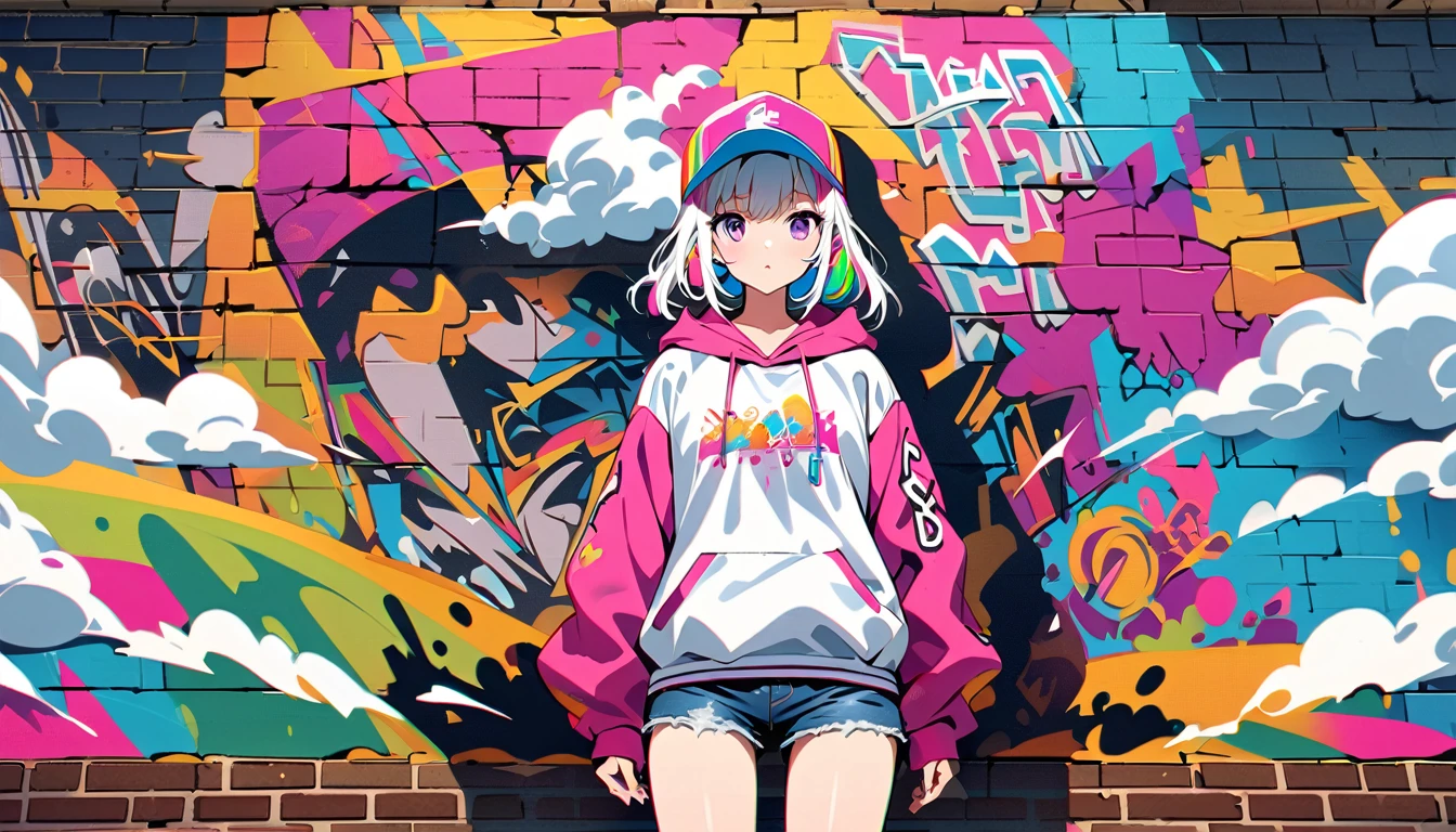 HD 8K Handsome cute, Solitary, 1 female, Medium Length Hair, white hair, Rainbow hair, purple Eyes, Rainbow headphone, hoodie, colored hoodie, Trucker Hat, hip-hop style hooded jacket, denim shorts, Human focus, outdoor, White clouds, graffiti Popularity spray art wall panoramic,
