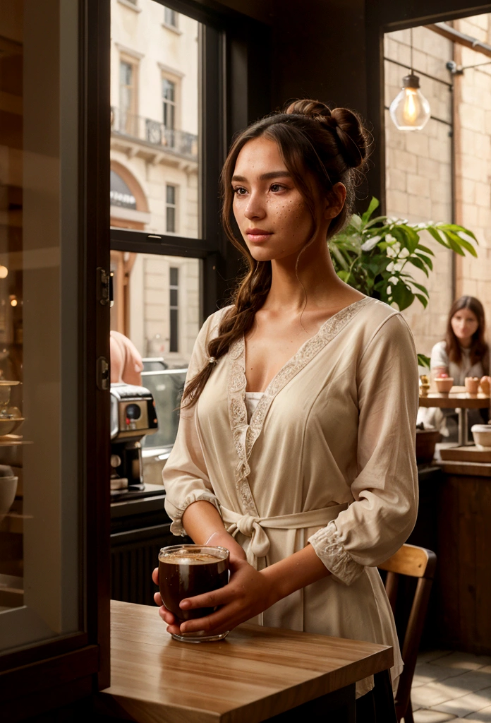 Landscape of a father"A beautifully detailed portrayal of a pretty girl with radiant skin and soft, bun hair, brown hair, speaking with an elegantly dressed woman whose features exude a calm confidence. Their eyes meet with a blend of curiosity and mutual respect. Photorealistic Image, Set in a quaint European café with ambient street noise in the background and the aroma of freshly brewed coffee permeating the air. No Art Inspiration, Nikon Z7 II, Medium shot, NIKKOR Z 50mm f/1.2 S, Golden ratio, 8K UHD, Ambient light filtering through the café's front windows, casting a warm glow on their skin, (((hyper detailed))), Natural lighting augmented by soft indoor bulbs, Octane render."