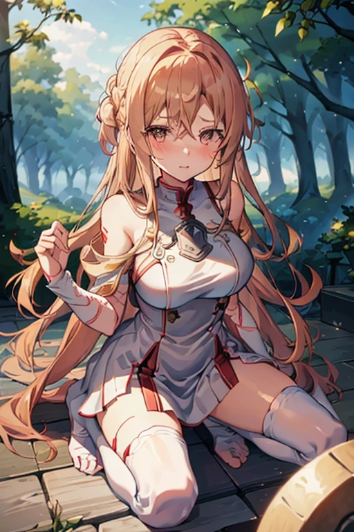 A captivating wallpaper of As Yuuki, Sword Art Online Heroine. (Highest quality, High resolution: 3000x3000 pixels)
As Yuuki, Virtual Reality Suit, Long straight blonde hair with bangs, Anguished Blue Eyes, Her plump lips are writhing in agony, Moderate: Digital Art, Vibrant colors, High resolution, Cinema Lighting, Ultra-fine detail, Physically Based Rendering, Very detailed explanation.
((Both hands tied with rope)), (The suit is cut up)、Bleeding from a wound、On one knee、Life-threatening injury、There are many scratches、The enemy is using tentacles to steal your life force,Both hands are tied with rope,A desperate situation、Slightly muscular legs、Bloody state、腕や足のBleeding from a wound。