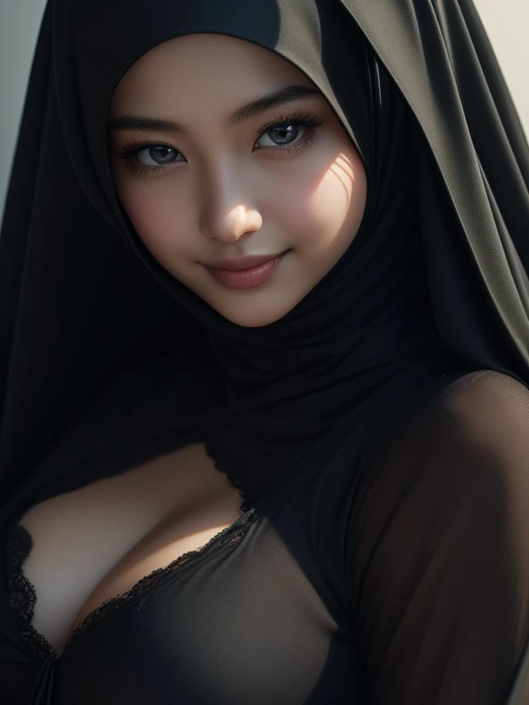 (RAW photo, best quality), (realistic, photo-realistic:1.3), masterpiece, an extremely delicate and beautiful, asian girl, extremely detailed, CG, unity , 2k wallpaper, Amazing, finely detail, light smile, extremely detailed CG unity 8k wallpaper, huge file size, ultra-detailed, high res, soft light, 1girl, beautiful eyes, muslim woman, colorful, laying down, (thick girl), small beautiful breast, (full body), ((woman wearing a black Abaya and Khimar Hijab)), she is fat, 160cm, 70kg, exposed breast