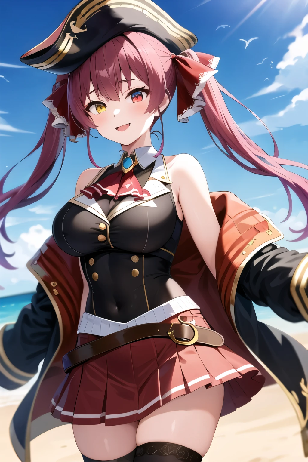 masterpiece, highest quality, Absurd, Perfect Anatomy, Hosho Base, One girl, alone, Heterochromia iridis, Red eyes, Yellow Eyes, Twin tails, Long Hair, Hair Ribbon, Big Breasts, White gloves, Frilled Chalk, Red Ascot, leotard, leotard under clothes, Red jacket, Cropped jacket, Sleeveless jacket, Black coat, Off the shoulder, Diagonal, Red Skirt, mini skirt, Leather Belt, Black knee socks, Are standing, good smile, cowboy shot, wear a pirate hat, beach