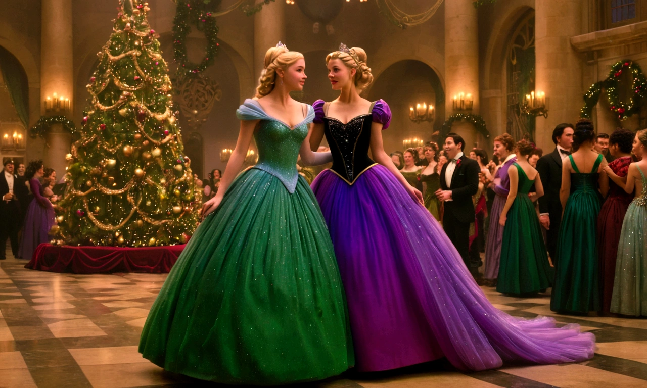 Cinderella at the Yule Ball, fully body, full scene, red and green,black and purple dress, evergreen decoration