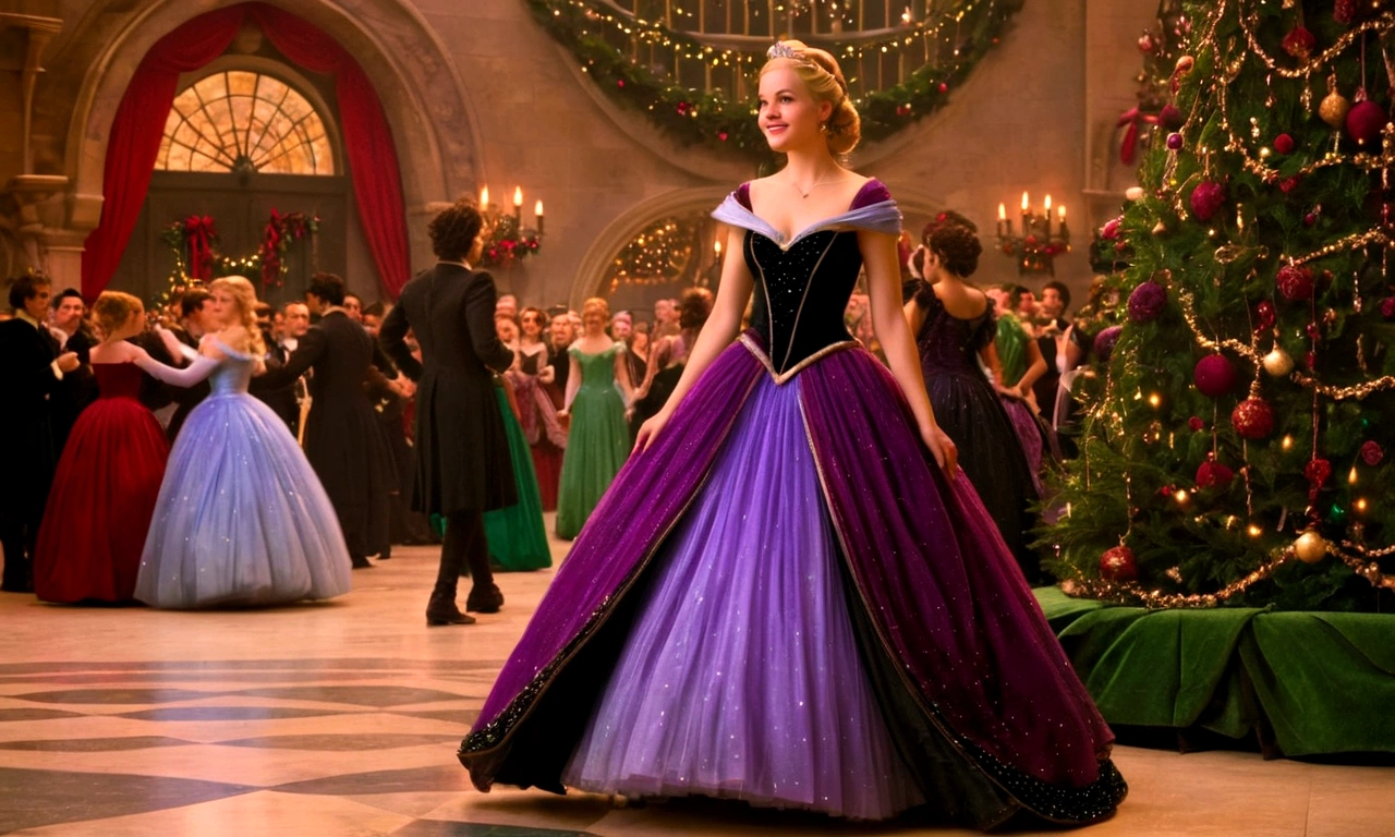Cinderella at the Yule Ball, fully body, full scene, red and green,black and purple dress, evergreen decoration
