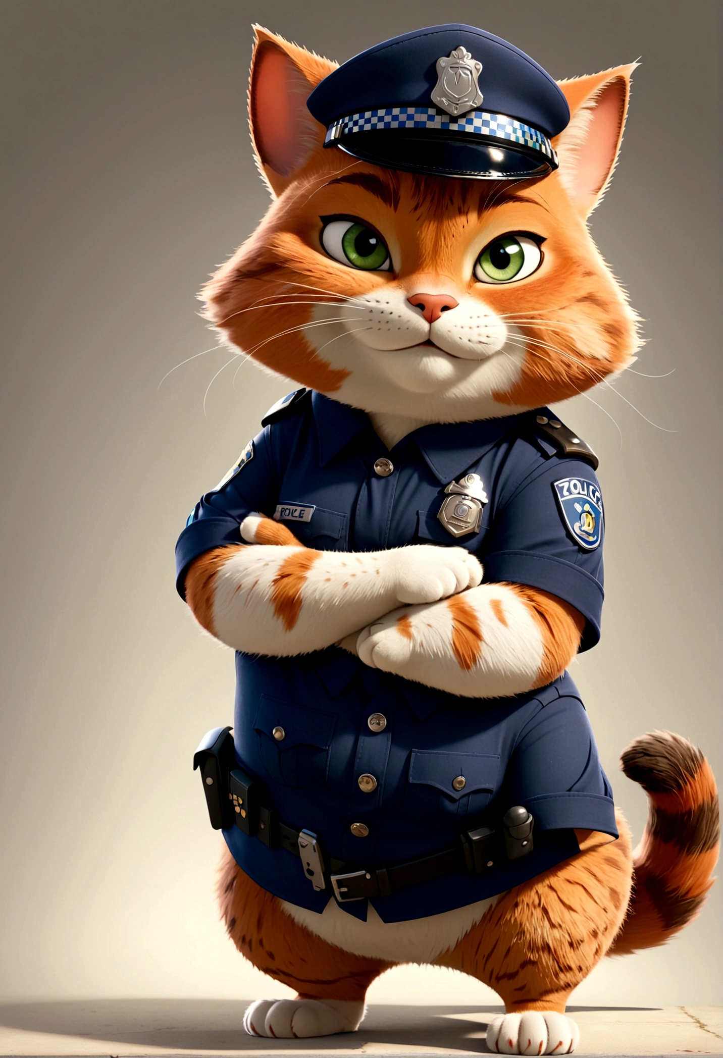 独奏,Cat in police costume,Wearing a hat,Cat standing,Chubby,Arms Crossed, Zootopia style, movie Features, Zootopia movie style, Zootopia style, looking heckin cool and stylish, in Zootopia style, 迪士尼疯狂Zootopia style, mob_Features: cat stylized, Anthropomorphic smart cat, Multiple poses and expressions, 4 positions, whole body, White background, Shorty