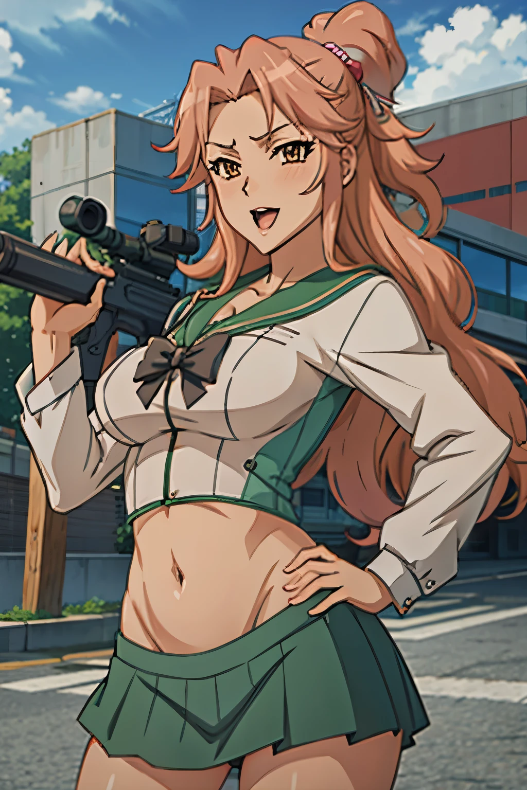 hamakawa_ayuna, 1woman solo、、おでこ、curlhair、ピンクhair、blush, lipstick, masterpiece, best quality, highly detailed, a anime girls in sailor uniforms with a gun posing for a picture,
evil smile, smile, open mouth,black_serafuku, ecchi anime style, anime girls , (nsfw) not safe for work,
ecchi style, ecchi, shipgirls, digital anime art!!, high school girls, holding a gun, hold a gun, anime style 4
k, micro skirt, exposed belly, exposed navel, exposed midriff,
exposed lower belly,school, classroom, navel piercing