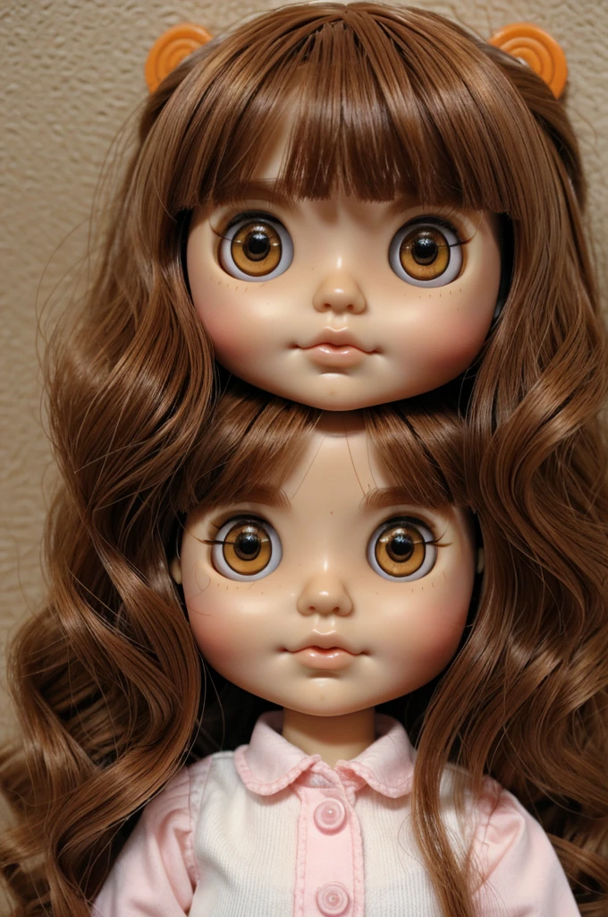 Blythe doll brown eyes white small eyes small mouth and pink ,brown hair with orange ,fat and short ,and wavy hair 