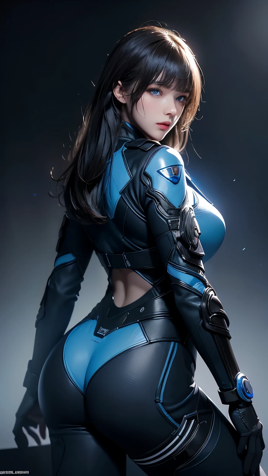 masterpiece, Highest quality, Very detailed, To the camera, 複雑に詳細なVery detailed, Realistic, Sharp features, Very detailed, Sharp focus, Perfect Face, Perfect Face, Perfect symmetry and perfect eyes, Perfect Plump Lips, Flexible female form, Cinematic, Film Light, Very detailed, hyper Realistic, masterpiece, Atmospheric, High resolution, Vibrant, Dynamic Studio Lighting, ((Dark Background)), The expression when enduring pleasure, Straight bangs, blue eyes,、Back view、Butt、Sexually aroused expressions、Fallout Vault Suit,