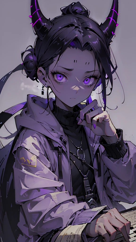 boy. thoughtful look. open forehead. black and purple hair tied in a bun on the left side to one side. sinuous black horns wrapped in dark purple ribbon. pale violet eyes. in short dark purple shorts. long white T-shirt. dark purple knee-high socks. dark_purple long coat with hood. древние dark_purple stone walls purple light from lamps on an old piano
