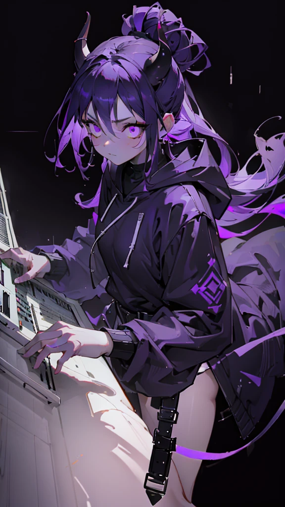 boy. thoughtful look. open forehead. black and purple hair tied in a bun on the left side to one side. sinuous black horns wrapped in dark purple ribbon. pale violet eyes. in short dark purple shorts. long white T-shirt. dark purple knee-high socks. dark_purple long coat with hood. древние dark_purple stone walls purple light from lamps on an old piano