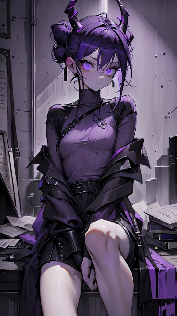 boy. thoughtful look. open forehead. black and purple hair tied in a bun on the left side to one side. sinuous black horns wrapped in dark purple ribbon. pale violet eyes. in short dark purple shorts. long white T-shirt. dark purple knee-high socks. dark_purple long coat with hood. древние dark_purple stone walls purple light from lamps on an old piano