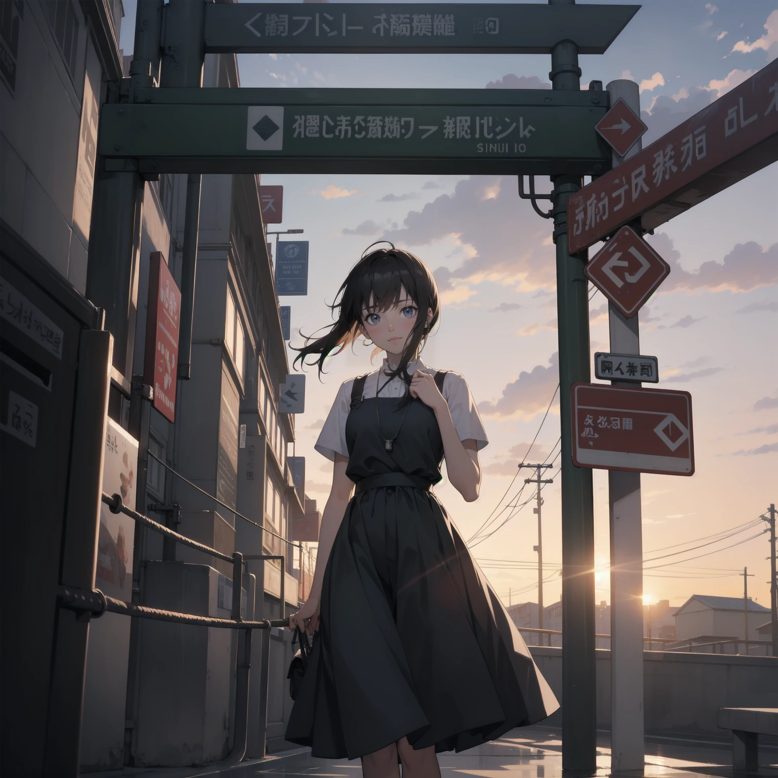 High resolution、Highest quality、Very detailed、makoto shinkai、sunset、Girl in white dress looking sideways、College student with long brown hair、Electric pole、electric wire、Railroad crossing、Lens blur