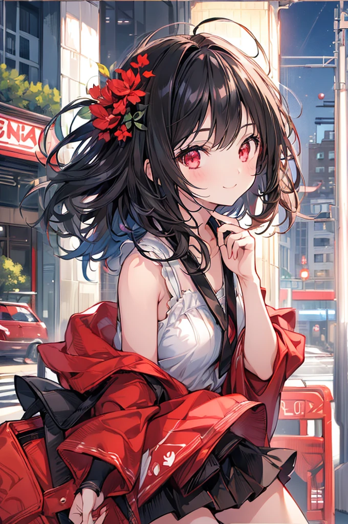 (masterpiece, highest quality, highest quality, (No text), Beautiful and aesthetic:1.2),No text,アニメ、BREAK,One Girl,Black Hair Girl short hair Tree Eyes Red eyes cool smile Red and Black mini skirt Whole body Detailed eyes and face Night in the city