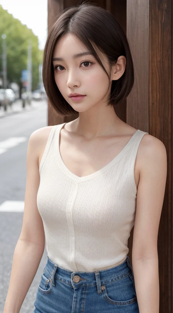 8K、high resolution、high quality、Realistic、whole body、Walking、tall、Heel、short hair、Brown Hair、Double、woman、Late 20s、Long face、Japanese、High nose、Straight nose、Medium breast、Ginza、noon、Skinny jeans、White sleeveless knit、Walk gracefully、一人のwoman、The background is a building、Small face、Details、round face
