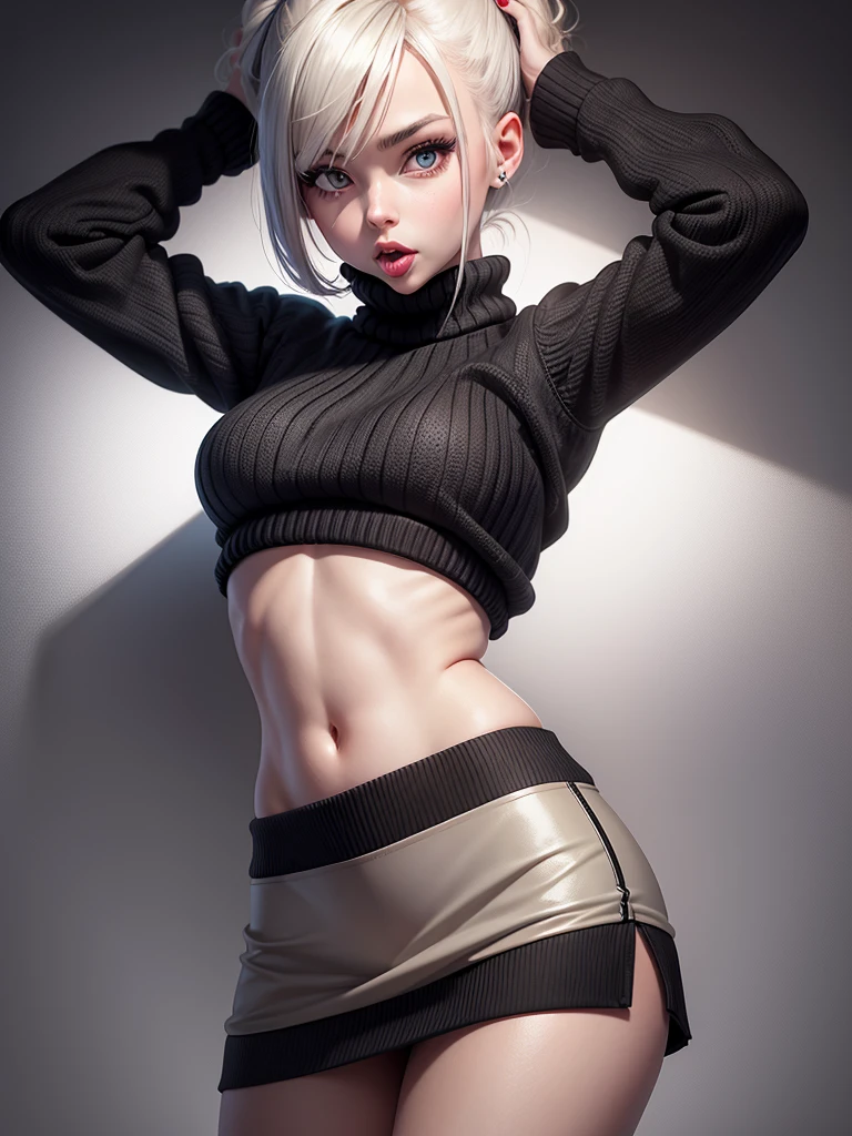 Atomic hard girl android, in a short knitted sweater,navel,in a short sexy miniskirt, licks lips, Bright eyes