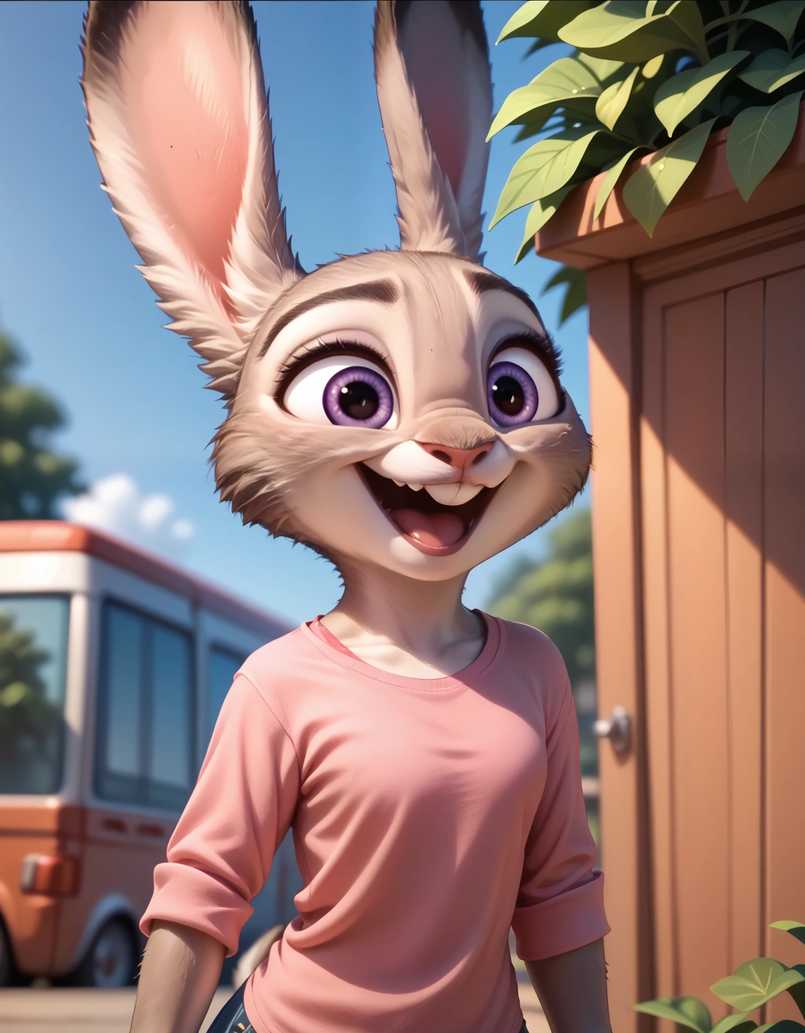 judyhopps happy, solo, pink shirt, jeans score_9, score_8_up, score_7_up, score_6_up, 