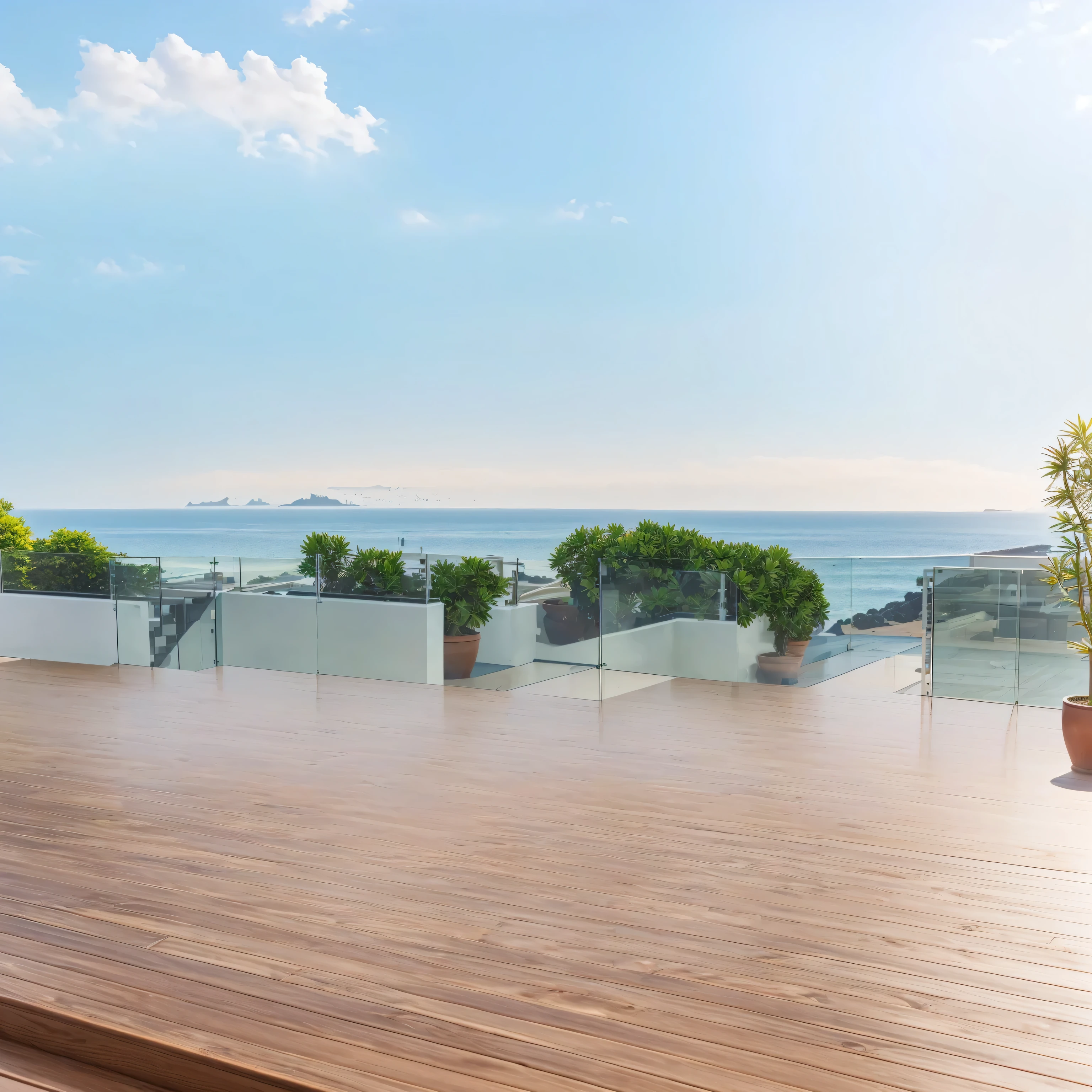 There is a wooden deck,There is a potted plant on top, In the seaside environment, Broader horizons, Sea view, Sea view, looks realistic, Sea view, panoramic widescreen view, Very high resolution, crisp smooth lines, a photoRealistic rendering, Realistic rendering, 3 6 0 Render panorama, Eye level view, Ultra-high resolution
