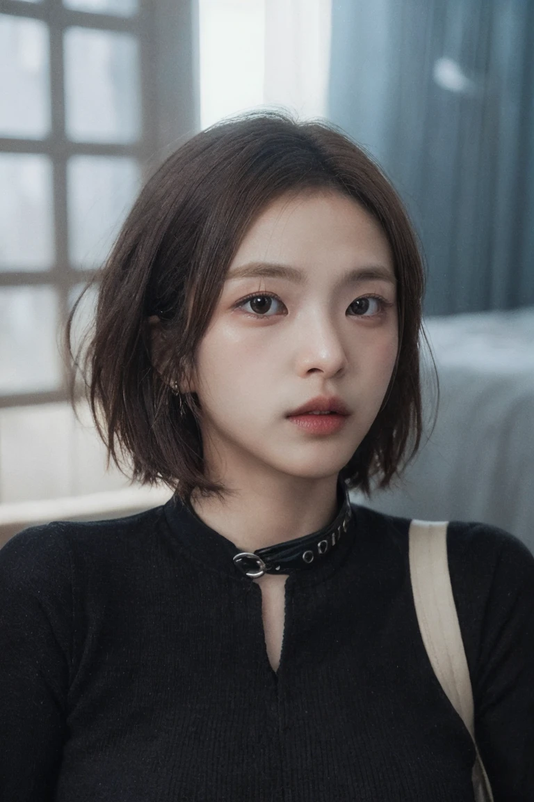Photorealistic, masutepiece, Best Quality, Raw photo, 1girl in, Solo, handsome short hair, Detailed face, alluring face, Black shirt with collar, medium breasts, Dynamic Pose, Looking at Viewer, From below, Detailed background, fine detailed, intricate detailes, Ray tracing, depth of fields, lowkey, nffsw