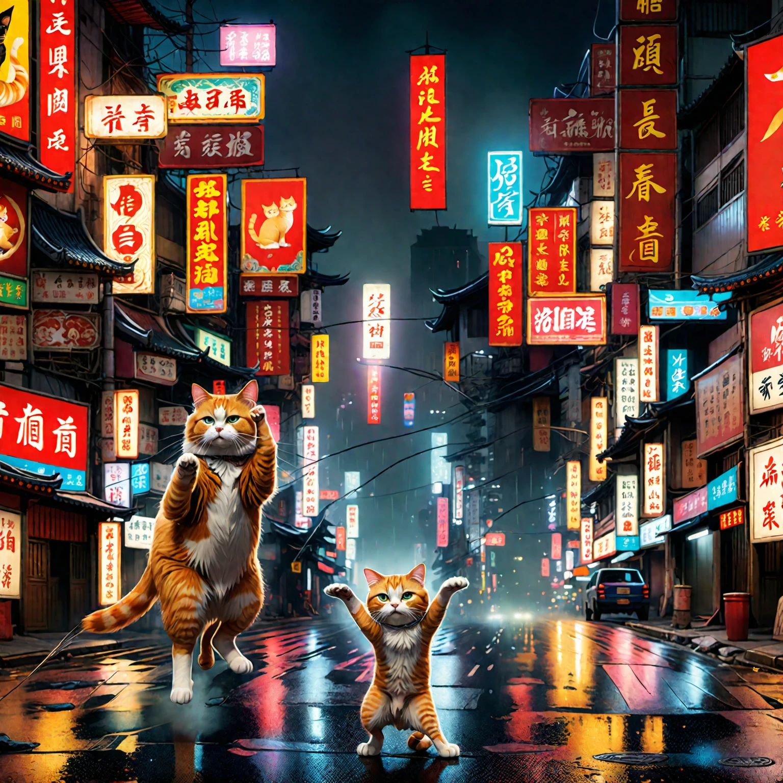 There is a ginger cat standing with hands raised on the road, Covered with Chinese advertisements, Powerful vfx at night in the city, Chinatown Blade Runner, digital anime painting style