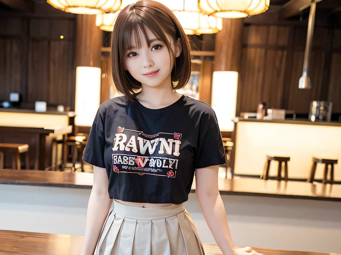 (8K, RAW Photos:1.2), Detailed face and eyes,最high quality, Ultra-high resolution, Very detailed ,Intricate details ,Tabletop ,pretty girl ,Round eyes、 Soft cinematic light, Hyper Detail,Sharp focus, high quality, Brown Hair,((Bobcut))、(Straight bangs)、amusement park、 ((Mini T-shirt))、(Pleated skirt)、”dwarf”、(Full Body Shot)、Waist、(I can see your thighs)、Cowboy Shot、 smile、I can see your belly button、