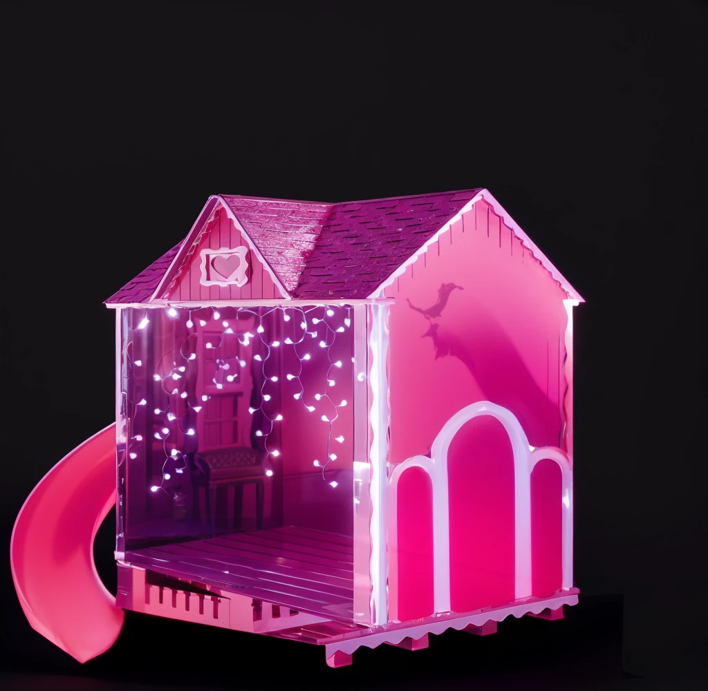 a pink and white fairy tale cottage with a pink snake and a heart on the roof, and a small stage in the back. 3d style, simplified design, 3d render, glossy texture, smooth 3d model, multiple light sources, rim light, sharp post effects render, (glossy plastic texture with multiple big light probe refractions), perfect cgi, smooth silhouette, high intensity refraction, (super glossy material), most beautiful vfx , blue background, plastic refractions, realistic, 4k, high resolution, rim light, photo shoot, commercial photo, profile shot, 4k, rim light, high resolution, 4k, glossy texture, smooth 3d model, multiple light sources, rim light, sharp post effects render, (glossy metallic texture with multiple big light probe refractions), perfect cgi, cgi art created only with gradients, smooth silhouette, high intensity refraction, (super glossy chrome material), most beautiful vfx, blue background, chrome metal refractions, multiple light sources, rim light, sharp post effects render, perfect cgi, digital art, detailed digital art, reflective, best quality, 4k, masterpiece:1.2, ultra-detailed, realistic, vivid colors, dark and moody lighting, The image of the highest quality, ensuring every detail is showcased perfectly. It in 4k resolution, allowing viewers to immerse themselves in the richness of the colors and intricate details. The realistic rendering. under the spotlight, reflecting, high-resolution image, realistic rendering, dark background, and rim light photorealistic The image features three characters standing in front of three houses. The characters are a red-haired mermaid, a purple cat, and an orange dog. They are each holding a yellow maraca