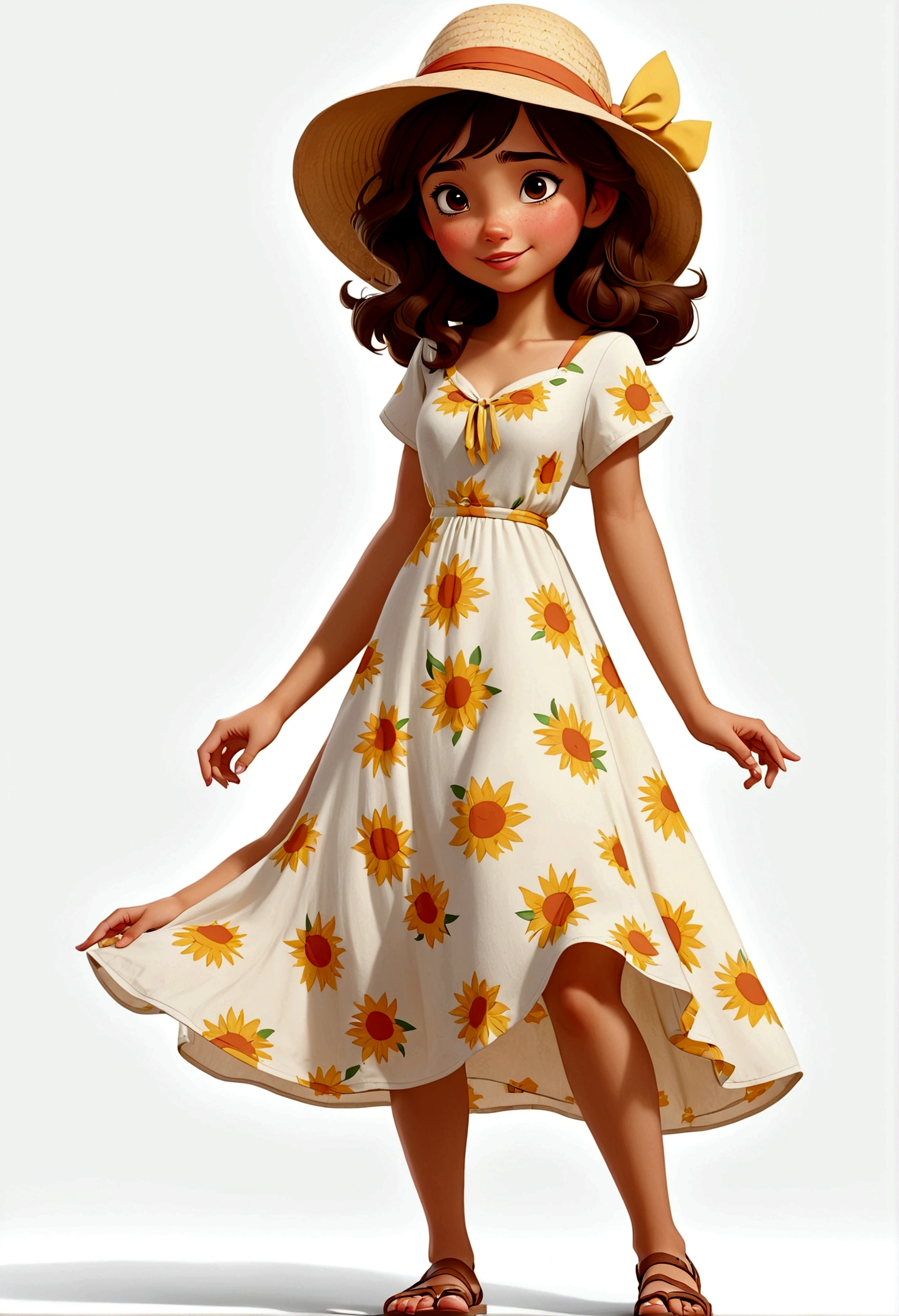 solo,1 Girl,18 years old,Wear casual clothing,Sun hat,Standing,dress,sandals,feature, Disney style, Multiple poses and expressions, 4 positions, whole body, White background,