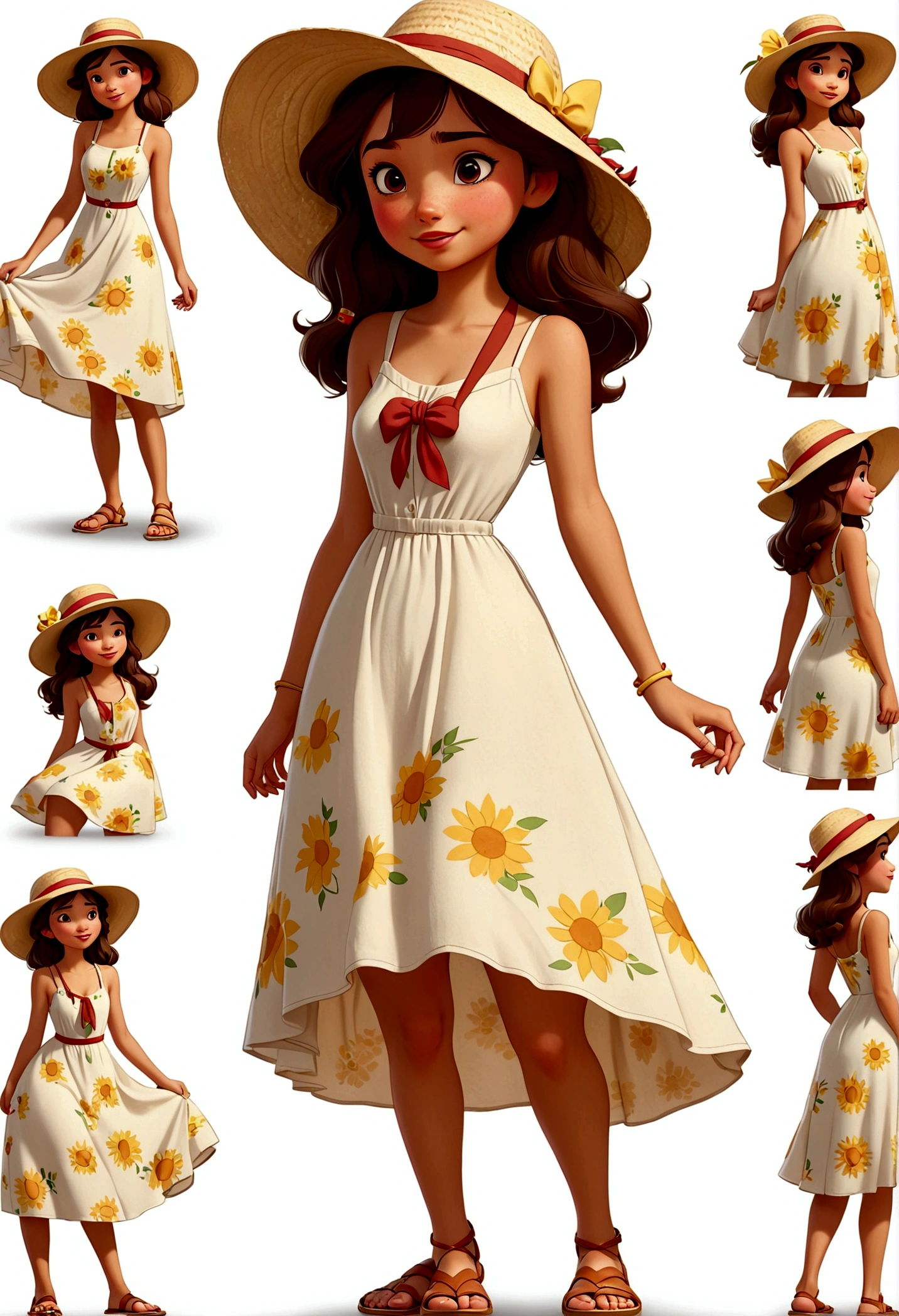 solo，1 Girl，18 years old，Wear casual clothing，Sun hat，Standing，dress，sandals，feature, Disney style, Multiple poses and expressions, 4 positions, whole body, White background, 