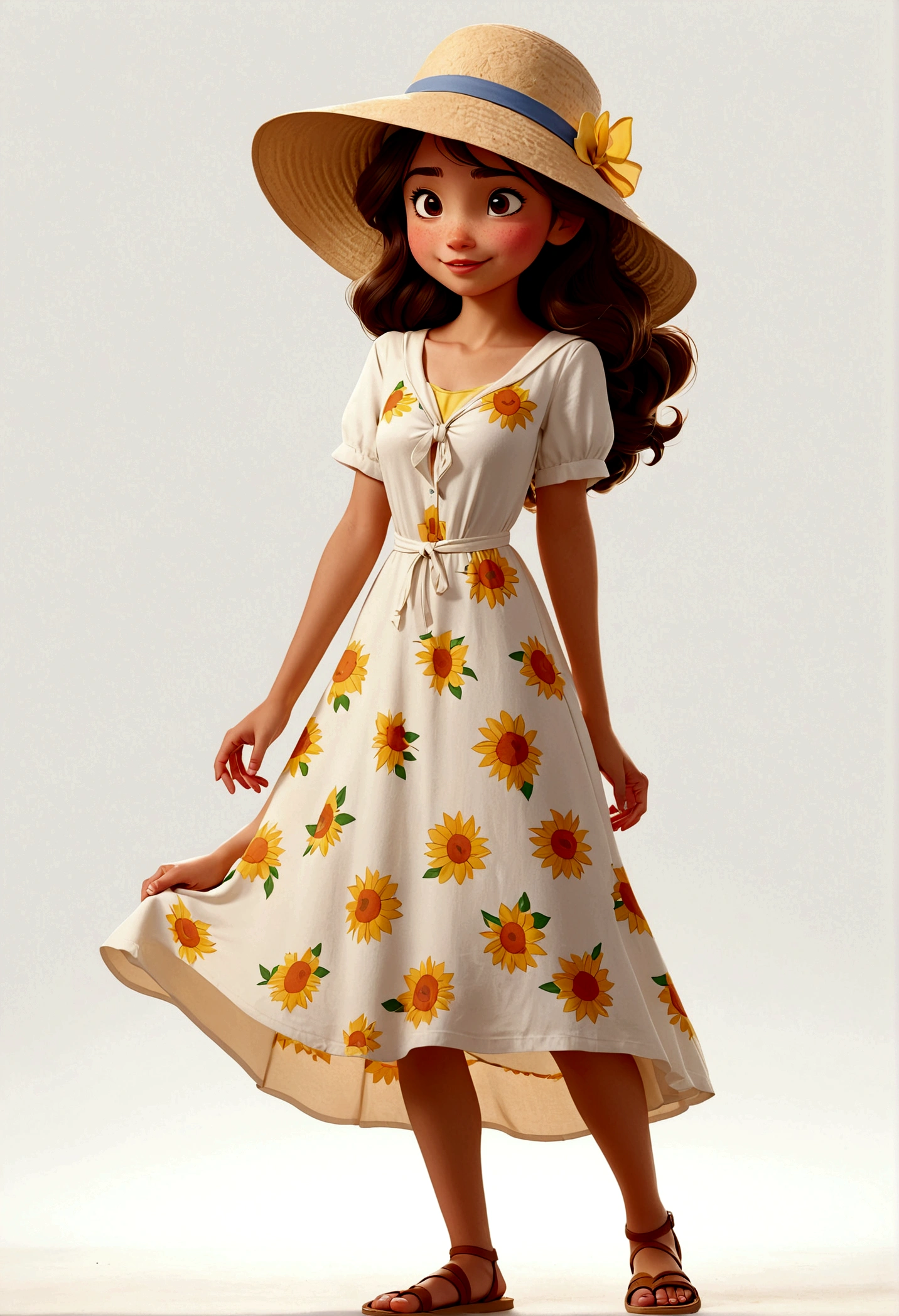 solo,1 Girl,18 years old,Wear casual clothing,Sun hat,Standing,dress,sandals,feature, Disney style, Multiple poses and expressions, 4 positions, whole body, White background,