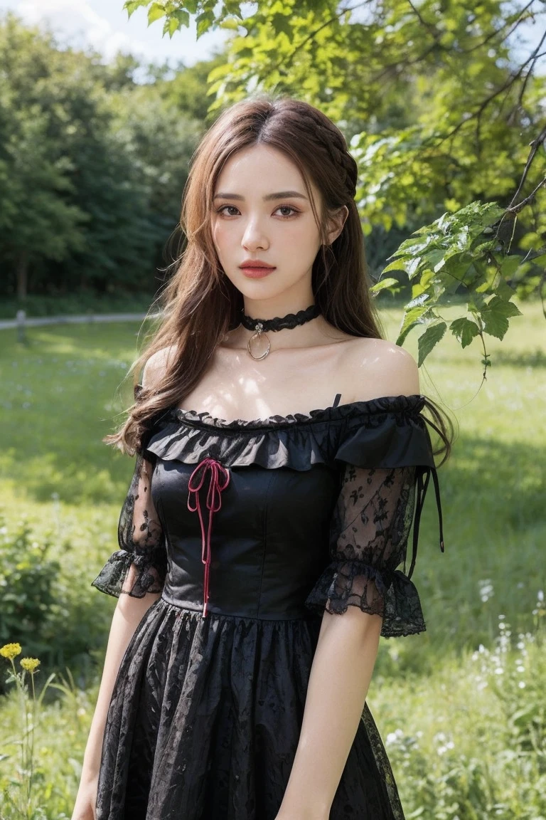 (masterpiece:1.2), (best quality:1.2), perfect eyes, perfect face, perfect lighting, 1girl, mature female gothgal standing with her hands in front, long hair, intricate hairdo, makeup, black lips, thick eyelashes, sad, melancholy, wearing a gothgal outfit, black and white dress, frills, ribbons, puffy sleeves, bare shoulders, lacey choker, jewelry, peaceful, quiet, chill, detailed outdoor background, beautiful landscape, fantasy, summer, sunny, sunburnt, flowers, trees  