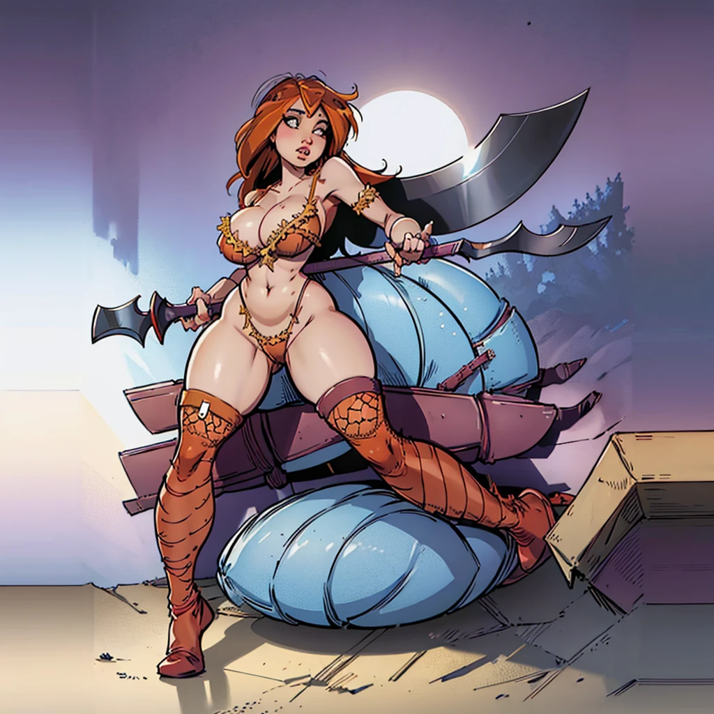 A barbarian woman (fur bikini, battle axe, knee high fishnet stockings (tears)), power poses wielding axe, flirting, corpse strewn battlefield