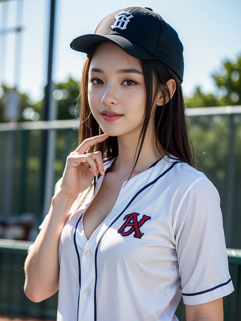1girl, solo, facing viewer, looking at the camera, smile, brown hair, long hair, ((best quality, 8k, masterpiece: 1.3)), highly detailed face and skin texture, detailed eyes, detailed face, realistic, Highly Detailed, High-quality, best quality, glowing skin, big breasts, cleavage:1.2, baseball field, Baseball cap, Baseball Uniform, cowboy shot, standing, 8k