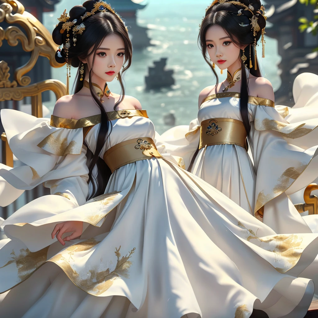Girl in traditional Chinese clothing, Hanfu, Guzhen Hanfu women, green Hanfu,(long straight black hair:1.5), black eyes, black bun hairstyle, hair accessories ,white diamond earrings, Bangle Diameter, Dia Necklace, Clear eyes, Facing forward,put on makeup, Long eyelashes ,(gold long shoulder coat:1.5), (Very long skirt, white:1.5), ((Whole body)), ((from below)), Clear face, , (Very beautiful face, Beautiful mouth, beautiful eyes), detailed face, ((Ultra-fine skin)), In the dark, deep shadows, an ancient Chinese girl (Very slim figure 1.3) ,Plump breasts, elegant posture ,(palace in the sky:1.5),