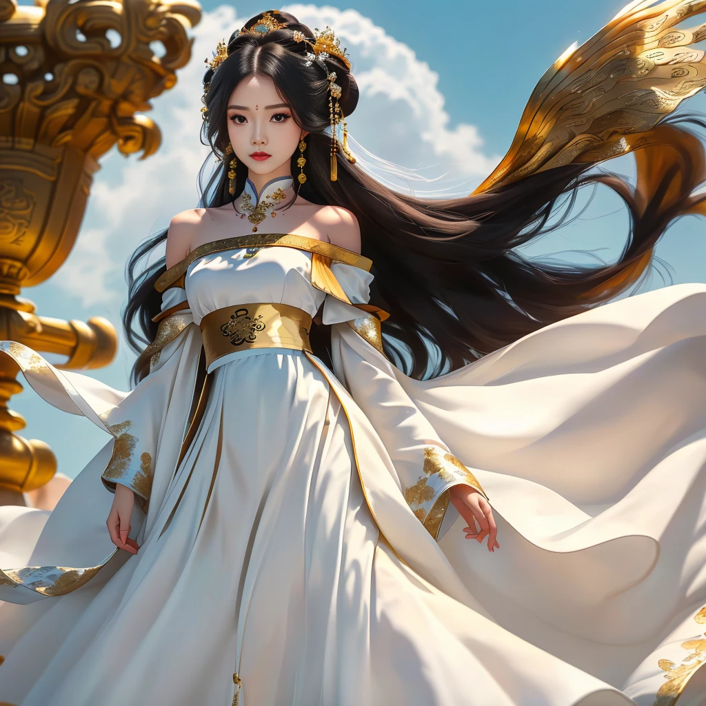 Girl in traditional Chinese clothing, Hanfu, Guzhen Hanfu women, green Hanfu,(long straight black hair:1.5), black eyes, black bun hairstyle, hair accessories ,white diamond earrings, Bangle Diameter, Dia Necklace, Clear eyes, Facing forward,put on makeup, Long eyelashes ,(gold long shoulder coat:1.5), (Very long skirt, white:1.5), ((Whole body)), ((from below)), Clear face, , (Very beautiful face, Beautiful mouth, beautiful eyes), detailed face, ((Ultra-fine skin)), In the dark, deep shadows, an ancient Chinese girl (Very slim figure 1.3) ,Plump breasts, elegant posture ,(palace in the sky:1.5),