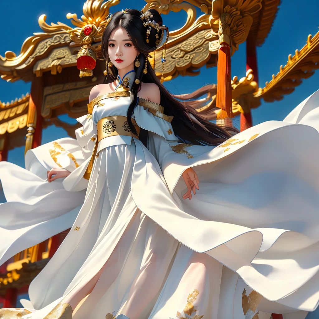 Girl in traditional Chinese clothing, Hanfu, Guzhen Hanfu women, green Hanfu,(long straight black hair:1.5), black eyes, black bun hairstyle, hair accessories ,white diamond earrings, Bangle Diameter, Dia Necklace, Clear eyes, Facing forward,put on makeup, Long eyelashes ,(gold long shoulder coat:1.5), (Very long skirt, white:1.5), ((Whole body)), ((from below)), Clear face, , (Very beautiful face, Beautiful mouth, beautiful eyes), detailed face, ((Ultra-fine skin)), In the dark, deep shadows, an ancient Chinese girl (Very slim figure 1.3) ,Plump breasts, elegant posture ,(palace in the sky:1.5),