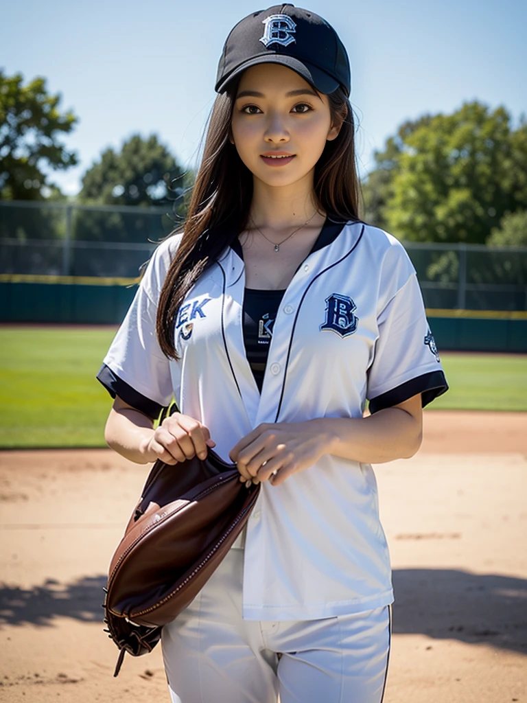 1girl, solo, facing viewer, looking at the camera, smile, brown hair, long hair, ((best quality, 8k, masterpiece: 1.3)), highly detailed face and skin texture, detailed eyes, detailed face, realistic, Highly Detailed, High-quality, best quality, glowing skin, big breasts, cleavage:1.2, baseball field, Baseball cap, Baseball Uniform, cowboy shot, standing, 8k