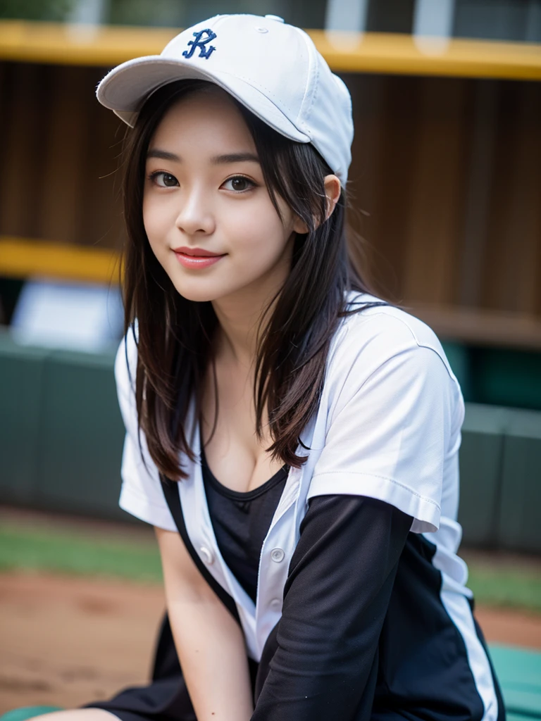 1girl, solo, facing viewer, looking at the camera, smile, brown hair, long hair, ((best quality, 8k, masterpiece: 1.3)), highly detailed face and skin texture, detailed eyes, detailed face, realistic, Highly Detailed, High-quality, best quality, glowing skin, big breasts, cleavage:1.2, baseball field, Baseball cap, Baseball Uniform, cowboy shot, standing, 8k