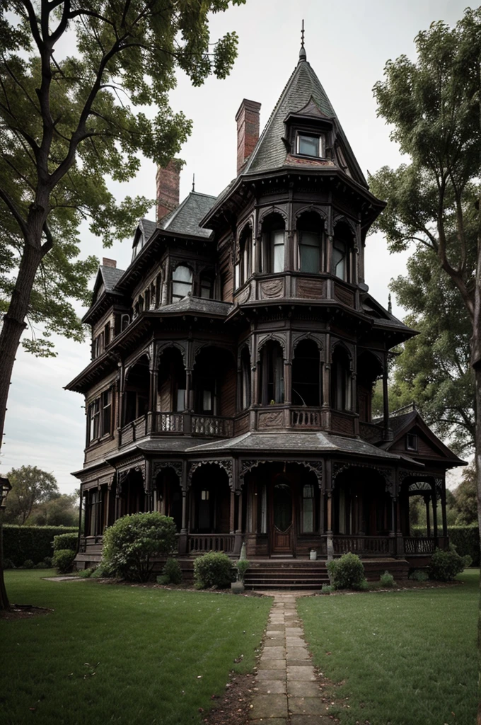 an old and isolated Victorian house with eerie features that is surrounded by trees