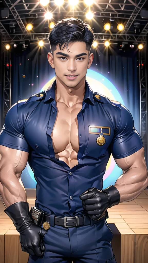 handsome man sit on the table ,(crew cut short hair:1.2),black eye,smile,open mouth (navy police uniform and t-shirt:1.2),(open shirt short sleeves:1.2),collar,(shirt covered over:1.2),(name tag and Police badge:1.2),(shirt no buttons:1.1),(black_gloves:1.3), (Navy blue cargo:1.2),Korean guy,korean men,(High gloss details),(chest muscles:1.2),(large arm muscles:1.2),blood vessel,Big muscles,Broad shoulders,looking at the audience,Balancing the eyes,middle of the road,(stage:1.4)