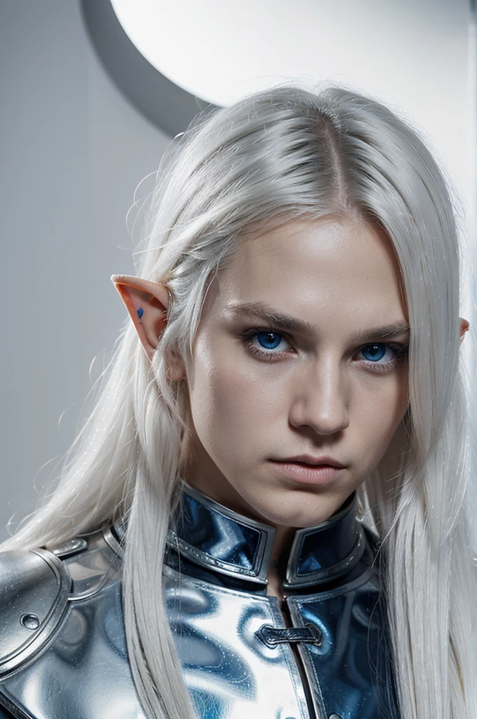 Pop album cover art, dramatic man elf, long white hair, blue eyes