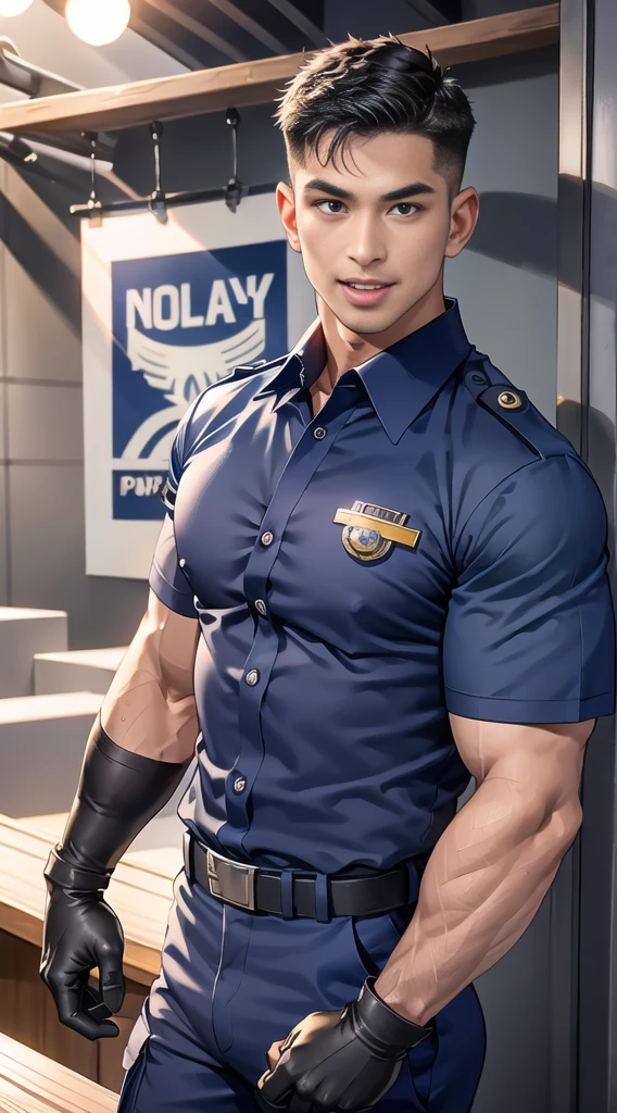 handsome man sit on the table ,(crew cut short hair:1.2),black eye,smile,open mouth (navy police uniform:1.2),(shirt short sleeves:1.2),collar,(shirt covered over:1.2),(name tag and Police badge:1.3),(shirt no buttons:1.1),(black_gloves:1.3), (Navy blue cargo:1.2),Korean guy,korean men,(High gloss details),(chest muscles:1.2),(large arm muscles:1.2),blood vessel,Big muscles,Broad shoulders,looking at the audience,Balancing the eyes,middle of the road,(stage:1.2),