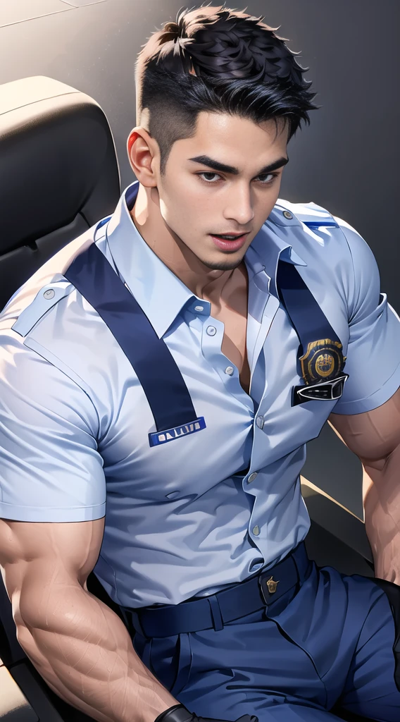 handsome man sit on the table ,(crew cut short hair:1.2),black eye,smile,open mouth (navy police uniform:1.2),(shirt short sleeves:1.2),collar,(shirt covered over:1.2),(name tag and Police badge:1.3),(shirt no buttons:1.1),(black_gloves:1.3), (Navy blue cargo:1.2),Korean guy,korean men,(High gloss details),(chest muscles:1.2),(large arm muscles:1.2),blood vessel,Big muscles,Broad shoulders,looking at the audience,Balancing the eyes,middle of the road,(stage:1.2),